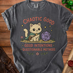 Charcoal t-shirt with a cat, d20 die, and text reading "CHAOTIC GOOD GOOD INTENTIONS QUESTIONABLE METHODS".