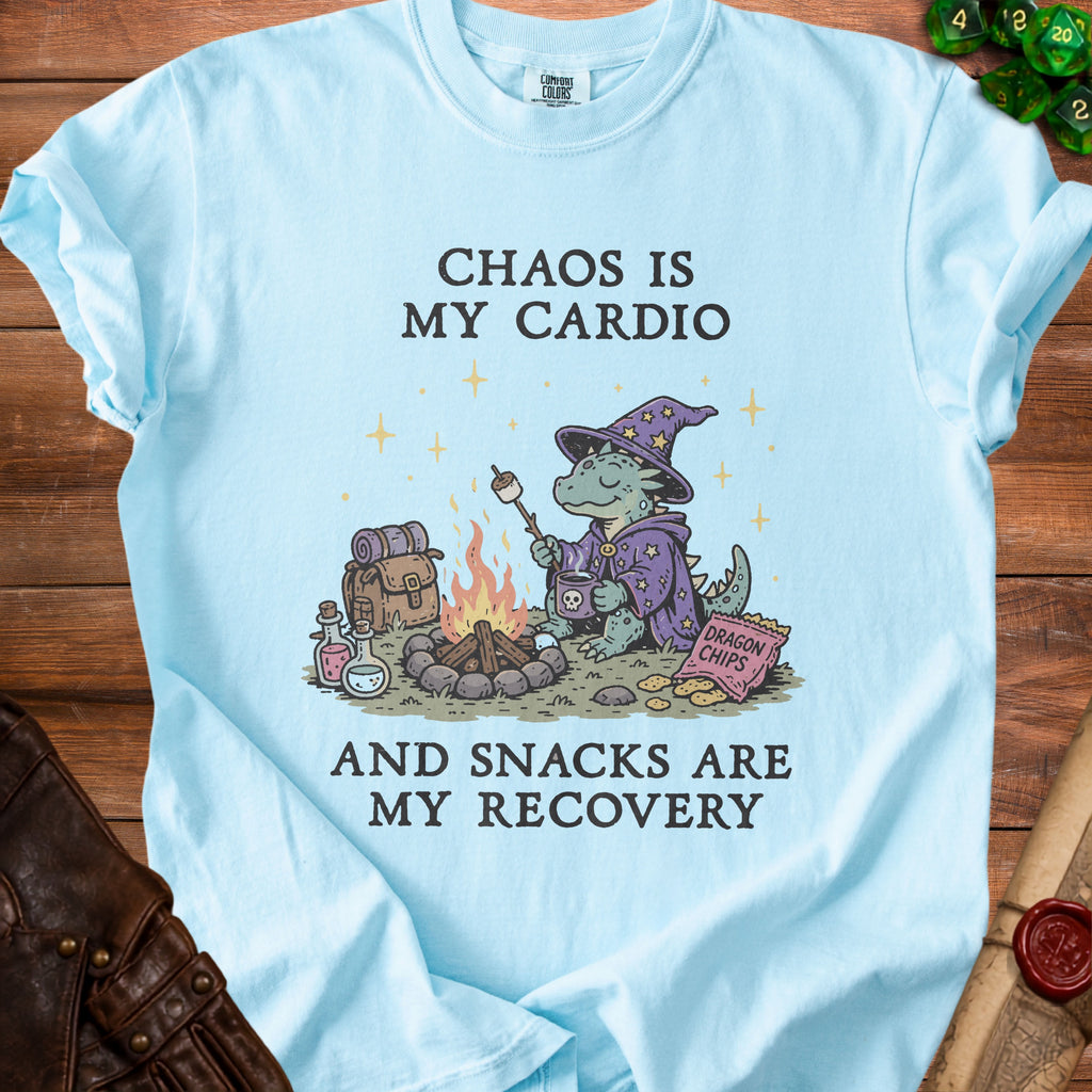 Light blue t-shirt with text "Chaos is my cardio and snacks are my recovery."