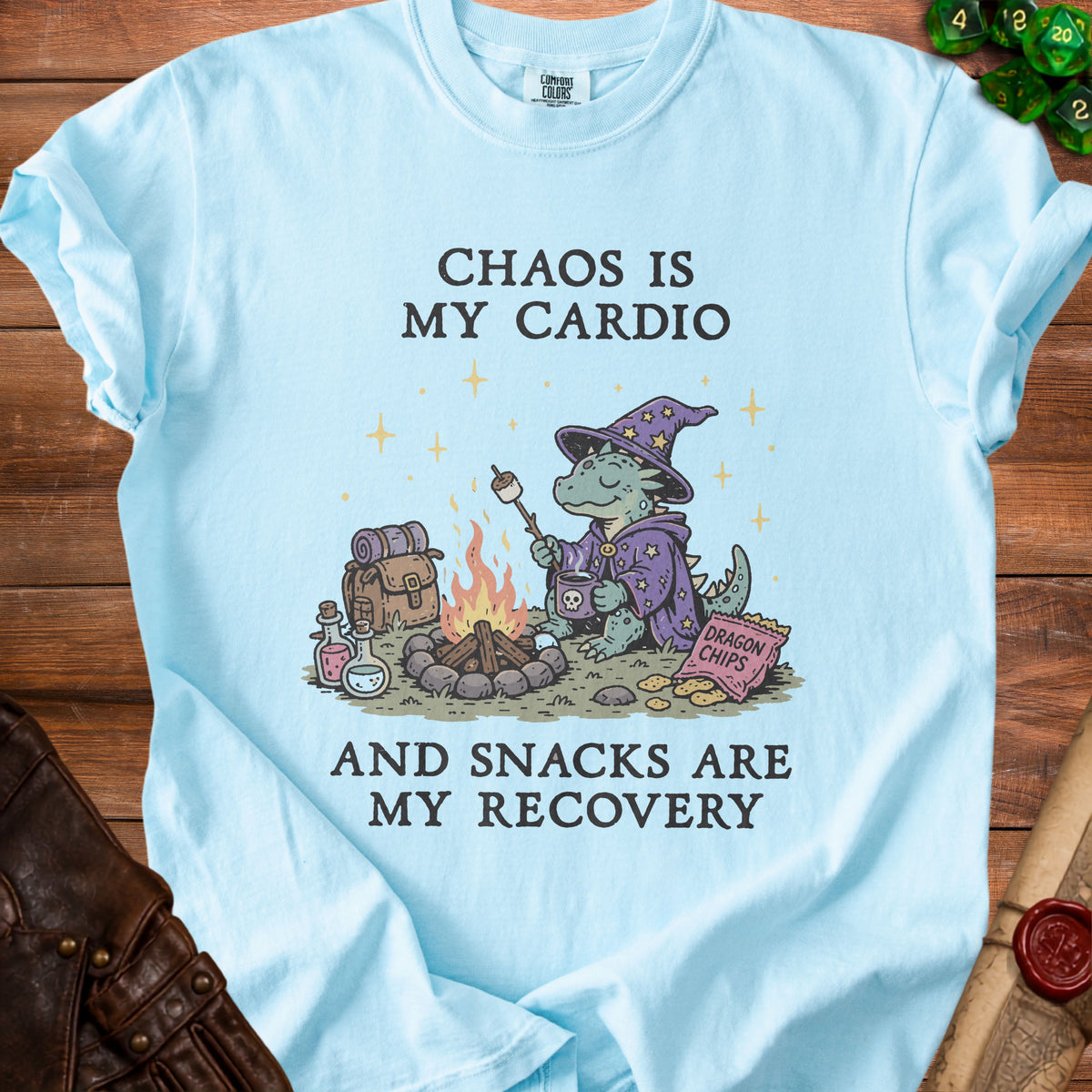 Light blue t-shirt with text "Chaos is my cardio and snacks are my recovery."