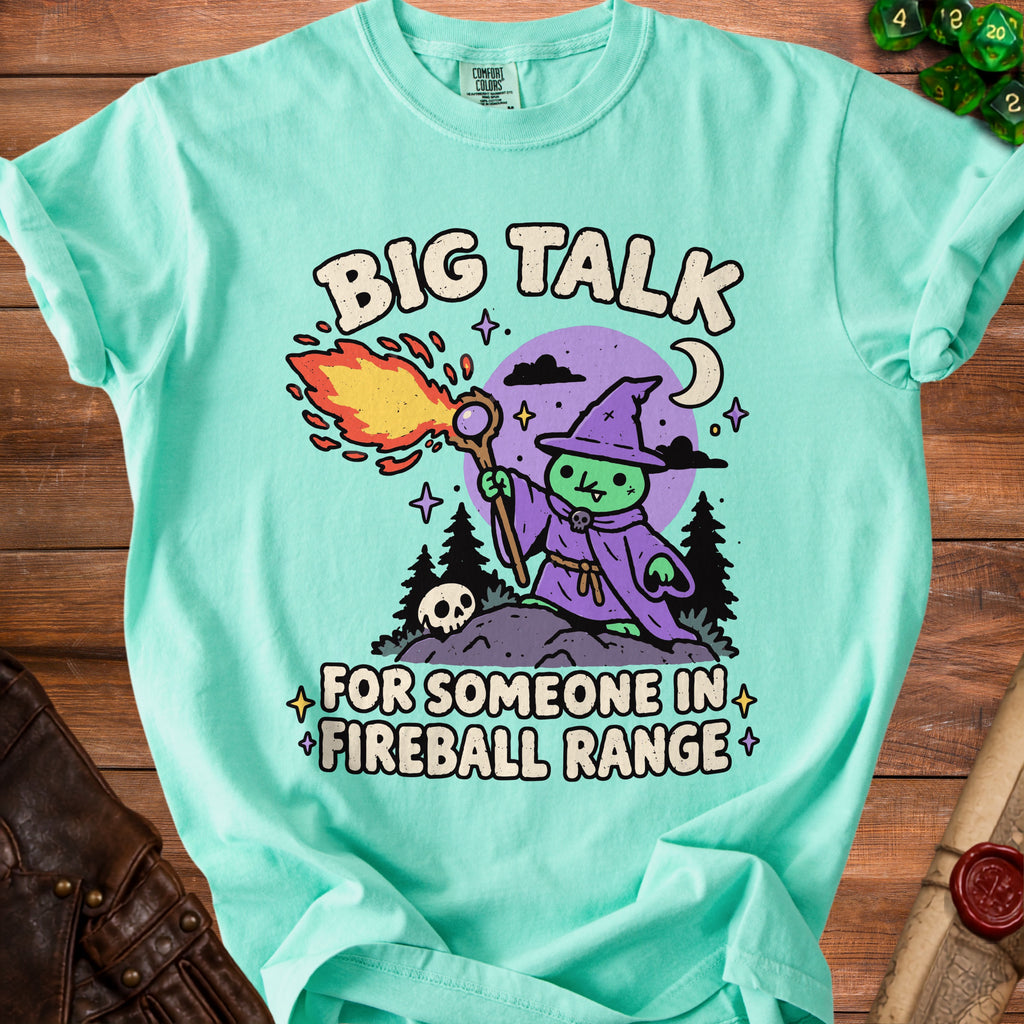 Teal t-shirt with cartoon wizard and text "BIG TALK FOR SOMEONE IN FIREBALL RANGE".