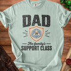 Light blue t-shirt with "DAD The family's SUPPORT CLASS" and dice graphic.