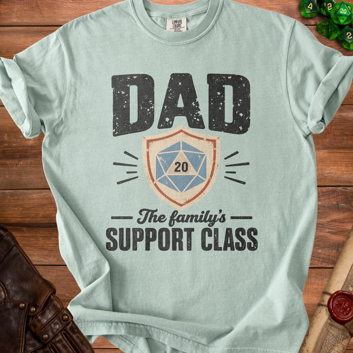 Light blue t-shirt with "DAD The family's SUPPORT CLASS" and dice graphic.