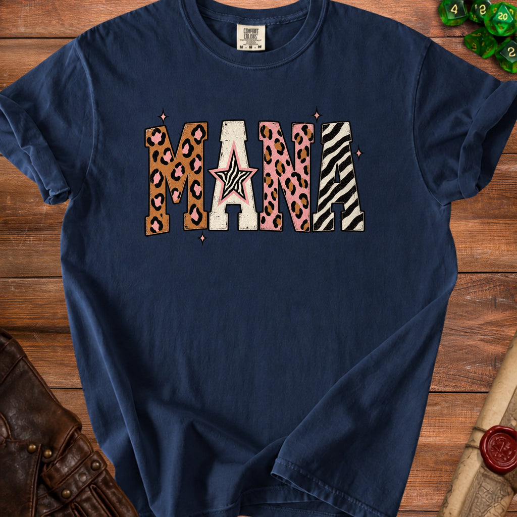 Navy t-shirt with "MANA" graphic in leopard print, pink animal print, and zebra print.