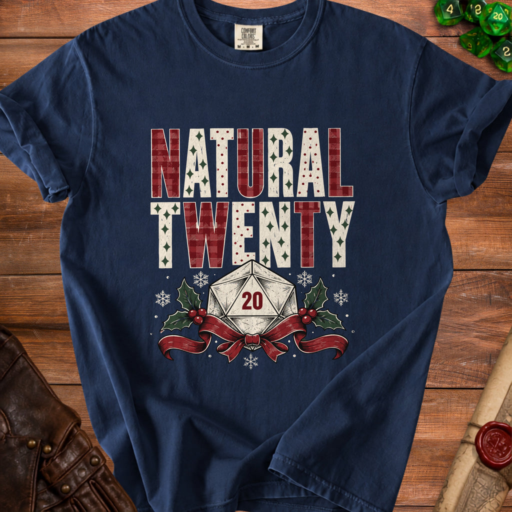 Navy t-shirt with "NATURAL TWENTY" text and d20 die graphic.