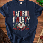 Navy t-shirt with "NATURAL TWENTY" text and d20 die graphic.
