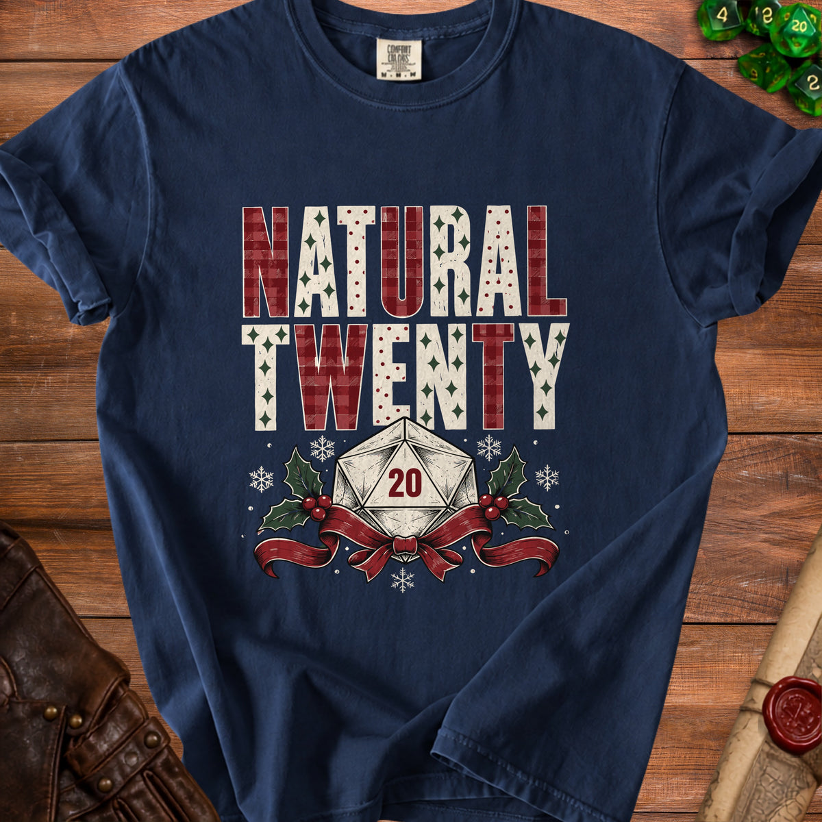 Navy t-shirt with "NATURAL TWENTY" text and d20 die graphic.