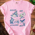 Pink t-shirt with "Please See Attached Hex" text and whimsical wizard graphics.