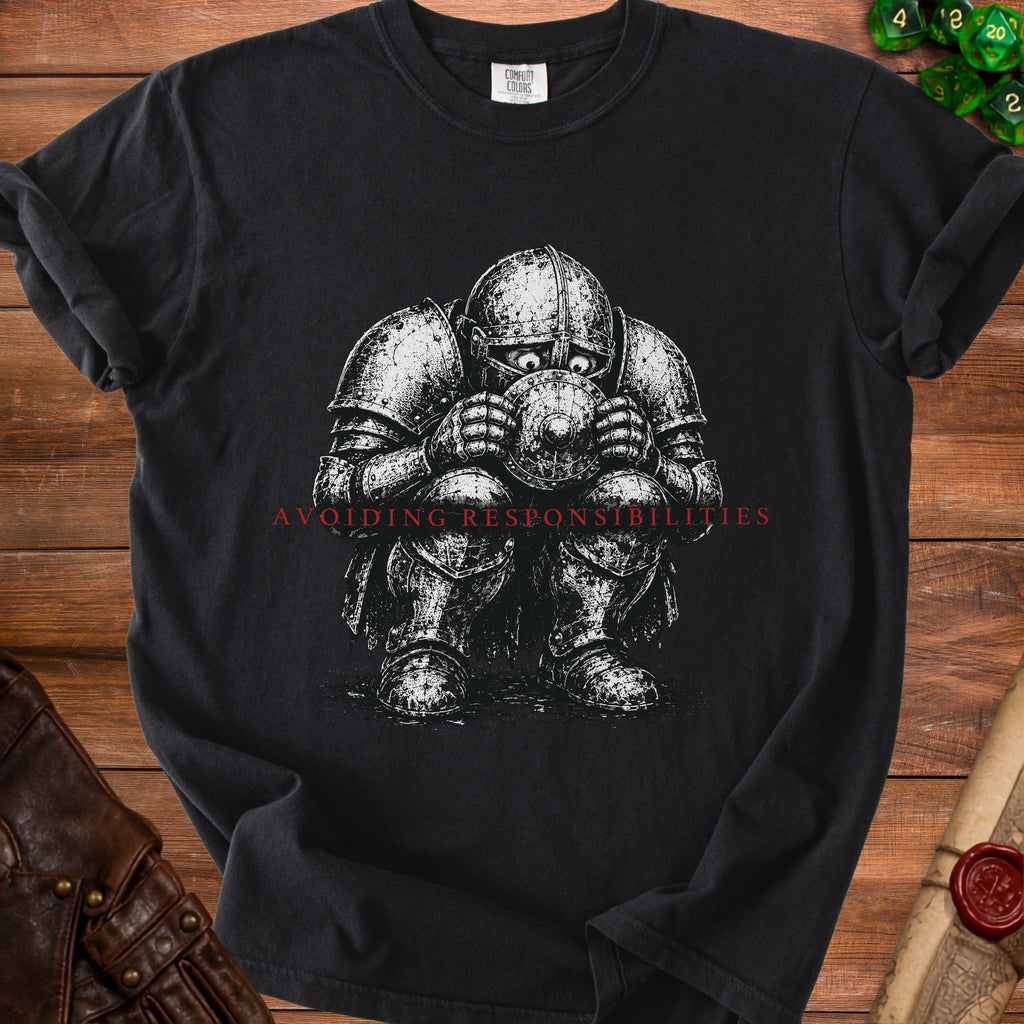 Black t-shirt with a distressed knight in armor text "AVOIDING RESPONSIBILITIES".