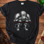 Black t-shirt with a distressed knight in armor text "AVOIDING RESPONSIBILITIES".