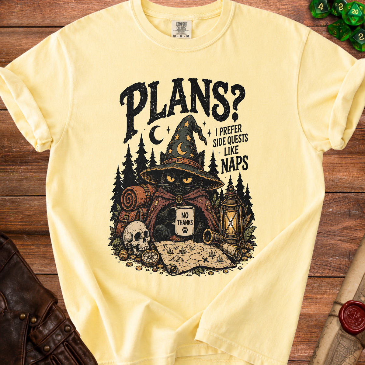 Yellow t-shirt with black cat in wizard hat, holding "NO THANKS" mug.
