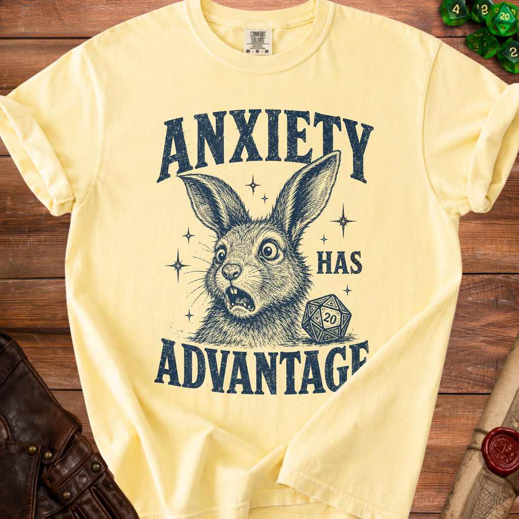 Yellow t-shirt with distressed graphic of a rabbit and text "ANXIETY HAS ADVANTAGE".