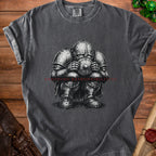 T-shirt with distressed knight illustration and text "A HOLDING RESPONSIBILITIES".