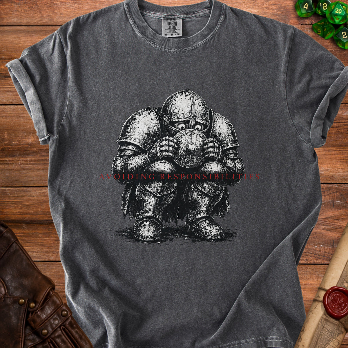 T-shirt with distressed knight illustration and text "A HOLDING RESPONSIBILITIES".