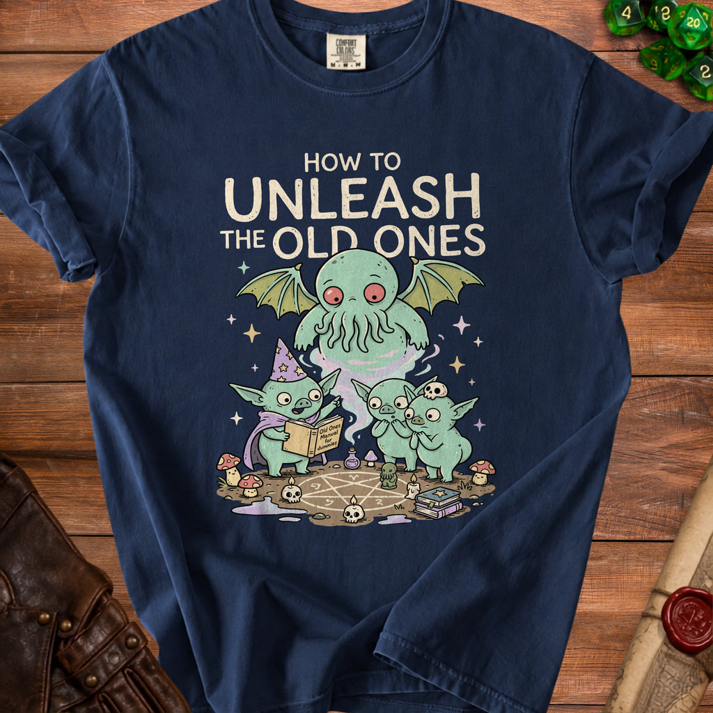 Dark blue t-shirt with "How to Unleash the Old Ones" text and Cthulhu summoning graphic.