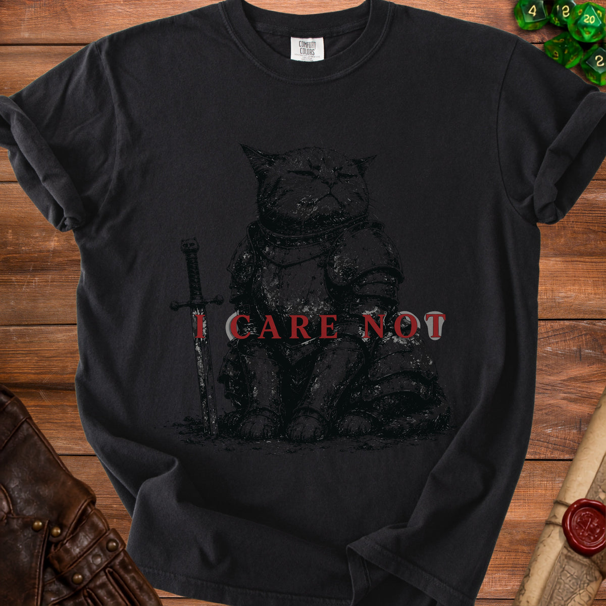 Black t-shirt with graphic of a cat in armor and a sword, reading "I CARE NOT".
