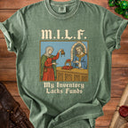 Green t-shirt with M.I.L.F. and "My Inventory Lacks Funds" text.