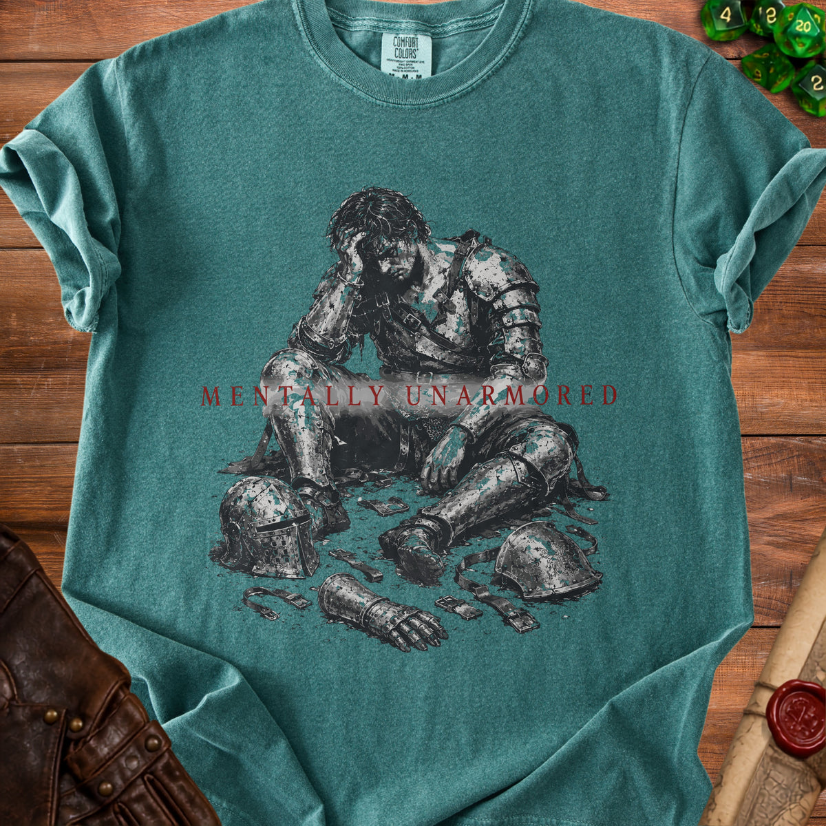 T-shirt with distressed knight and "Mentally Unarmored" text.