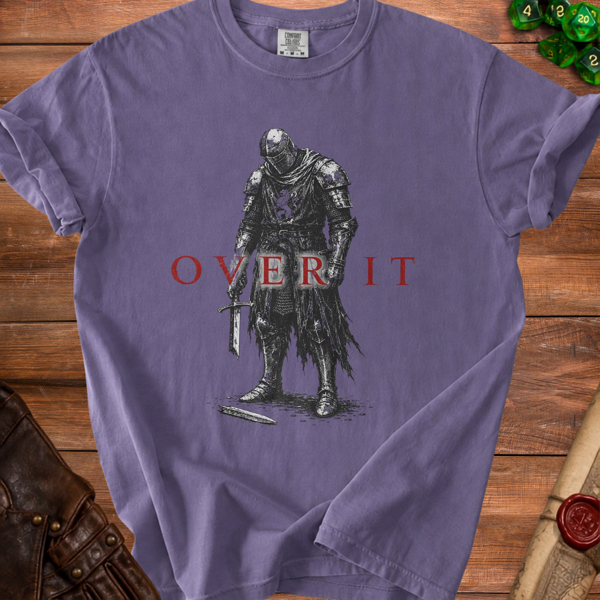 Purple t-shirt with a distressed knight graphic and "OVER IT" text.
