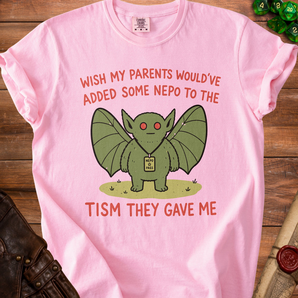 Pink t-shirt with cartoon bat and text "Wish my parents would've added some nepo to the tism they gave me."