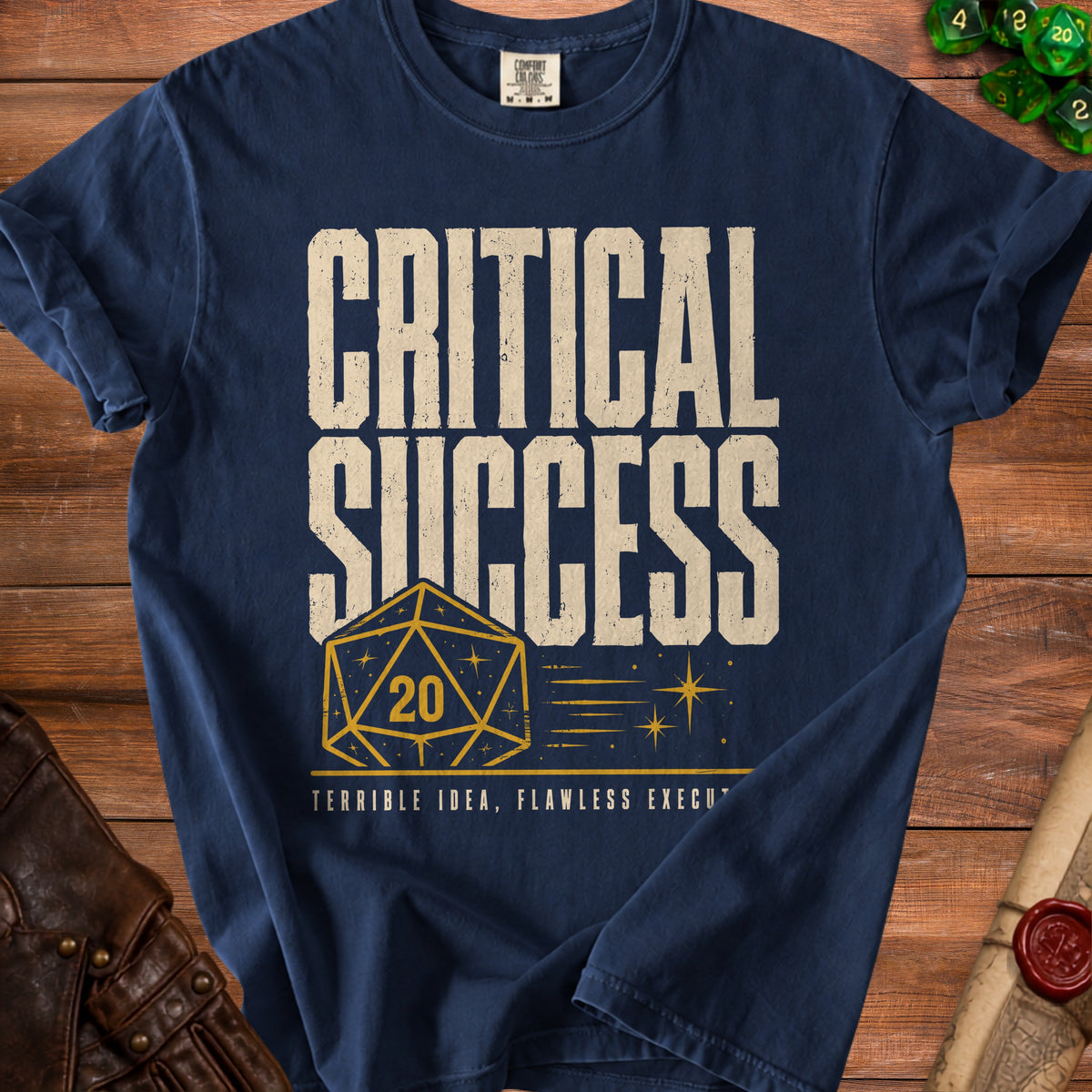 Navy t-shirt with "CRITICAL SUCCESS" text and a d20 die graphic.