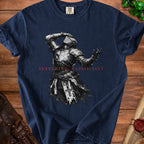Navy t-shirt with distressed knight graphic and text "Suffering Classically".
