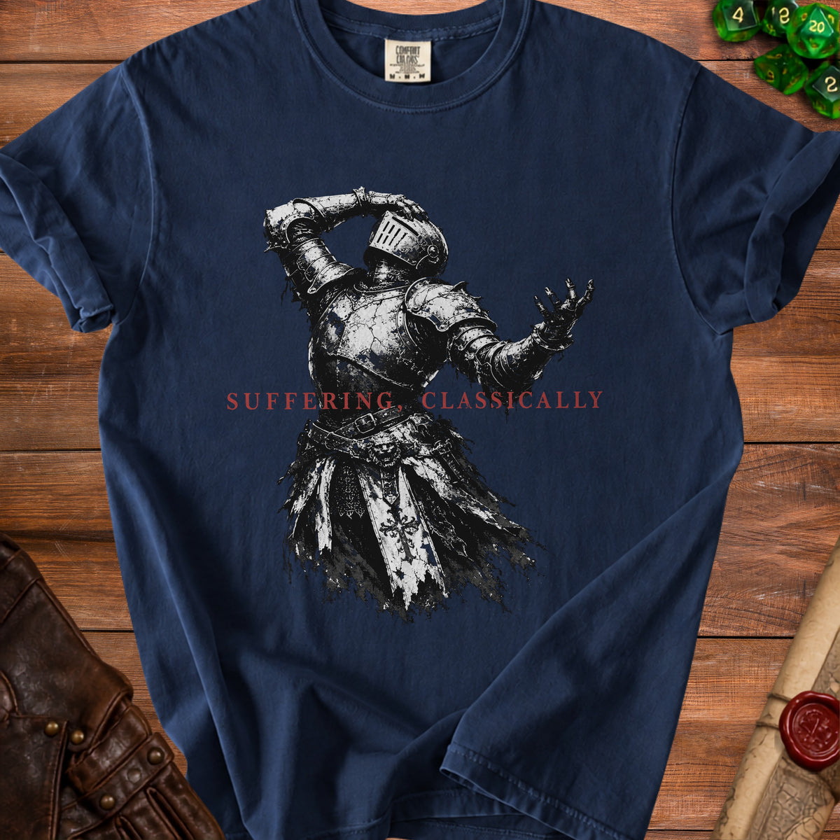 Navy t-shirt with distressed knight graphic and text "Suffering Classically".