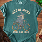 Teal t-shirt with wizard on bicycle saying "Out of Mana, Still Got Legs".