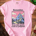 Pink t-shirt with "Remember, Even side quests count as progress!" and wizard graphic.