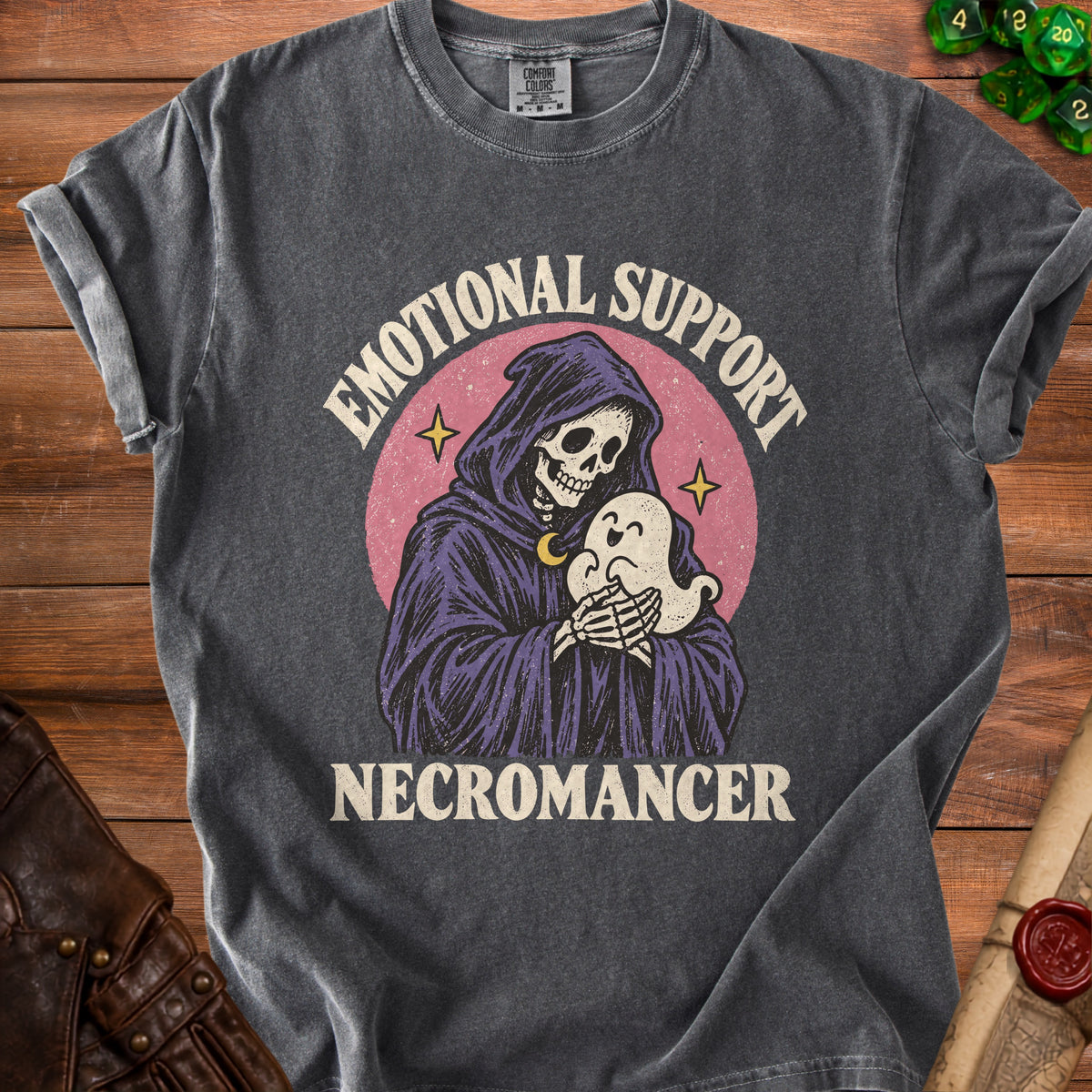 Grim reaper character holding a ghost with text "Emotional Support Necromancer".