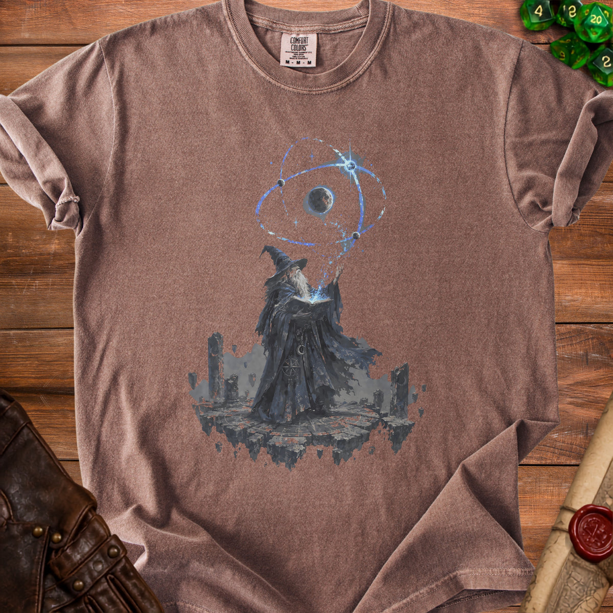 Brown t-shirt with wizard casting spell on planets and celestial bodies graphic.