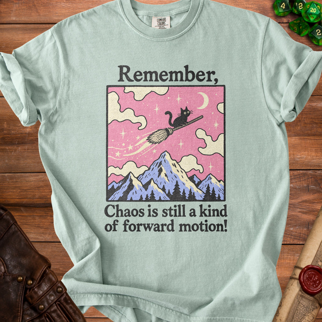Light blue t-shirt with "Remember, Chaos is still a kind of forward motion!" text and a black cat on a broomstick.