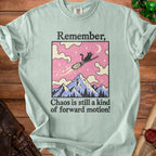 Light blue t-shirt with "Remember, Chaos is still a kind of forward motion!" text and a black cat on a broomstick.