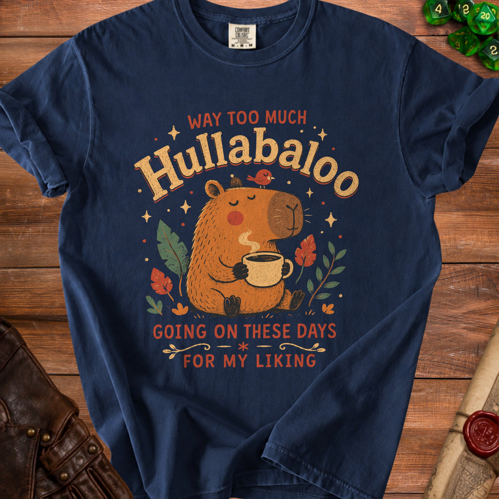 Navy t-shirt with a cartoon capybara holding coffee and text "Way too much Hullabaloo".