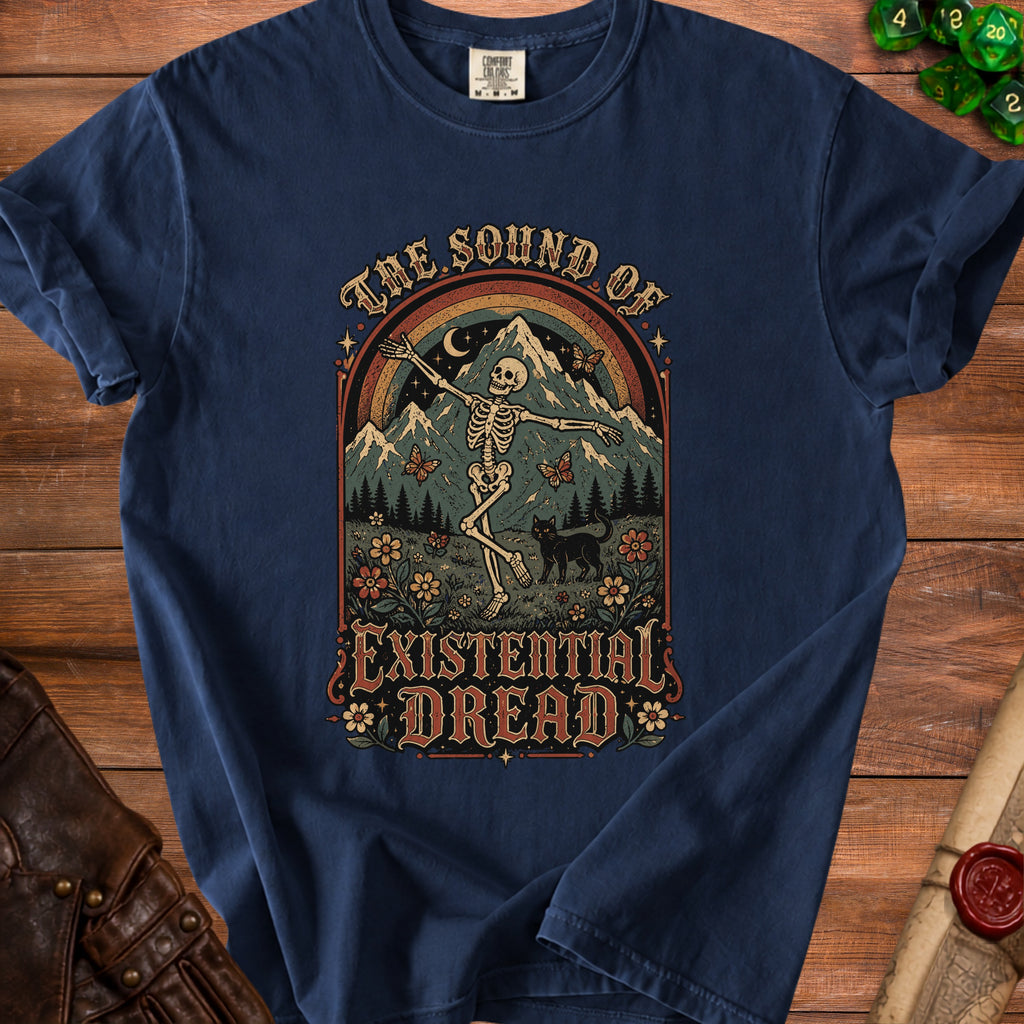 Skeleton dancing with mountains, butterflies, and the text "The Sound of Existential Dread".