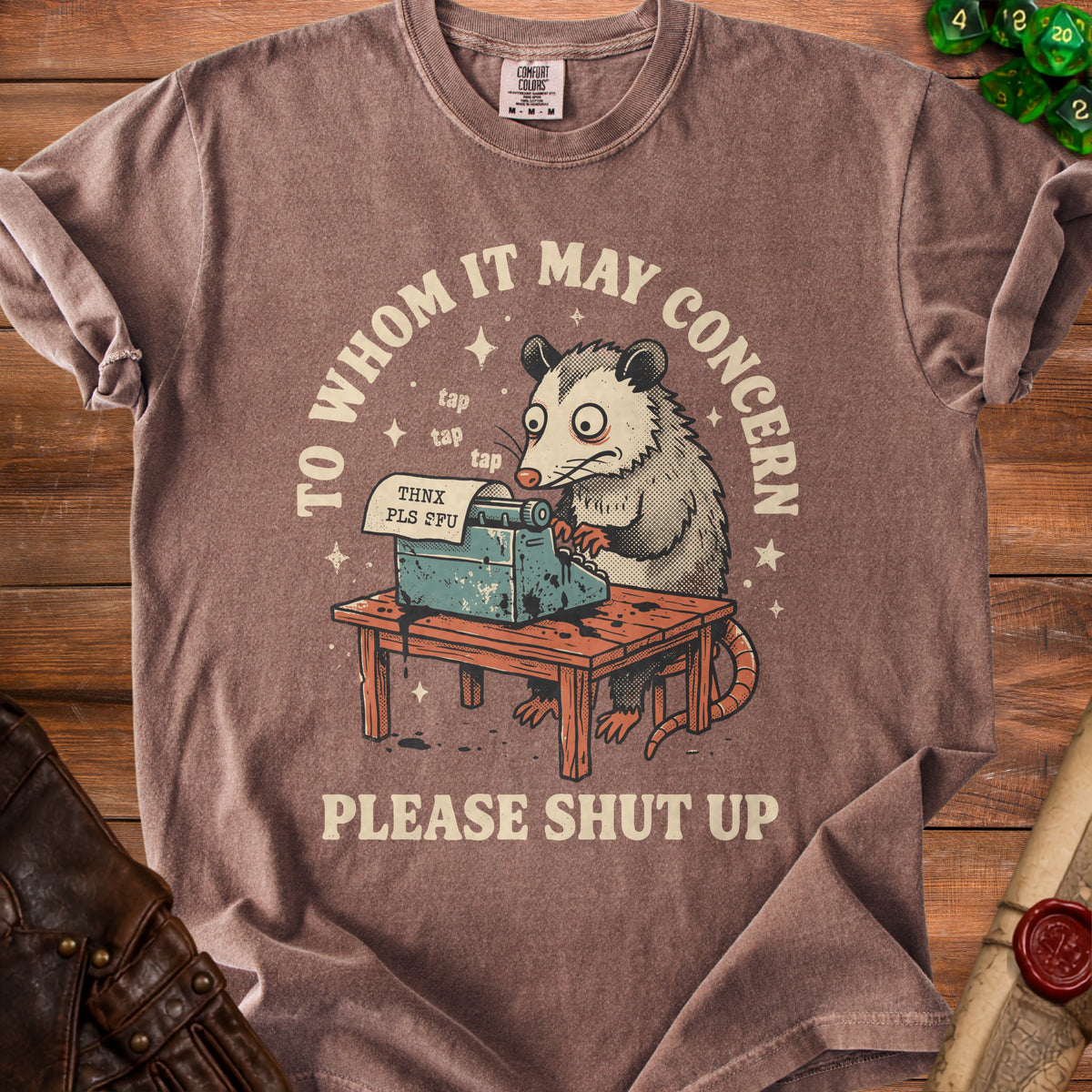 Opossum typing on a typewriter with text "THNX PLS SFU" and "PLEASE SHUT UP."