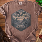 Brown t-shirt with a graphic of a twenty-sided die containing a dragon over a fantasy landscape.