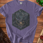 T-shirt with d20 die design depicting adventurers camping under a moonlit mountain sky.