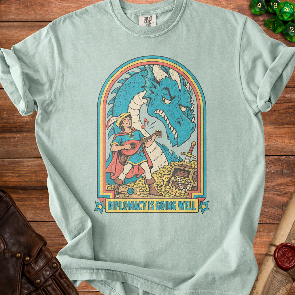 Bard playing lute before dragon with treasure and text "DIPLOMACY IS GOING WELL."