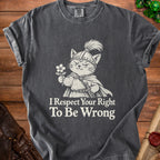 Dark grey t-shirt with a graphic of a cat knight holding a flower and text.