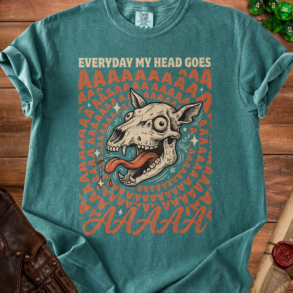Teal t-shirt with "EVERYDAY MY HEAD GOES" and a screaming skull graphic.