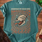 Teal t-shirt with "EVERYDAY MY HEAD GOES" and a screaming skull graphic.