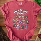 T-shirt with Dungeons & Dogs cartoon dogs in RPG classes and a large dice.