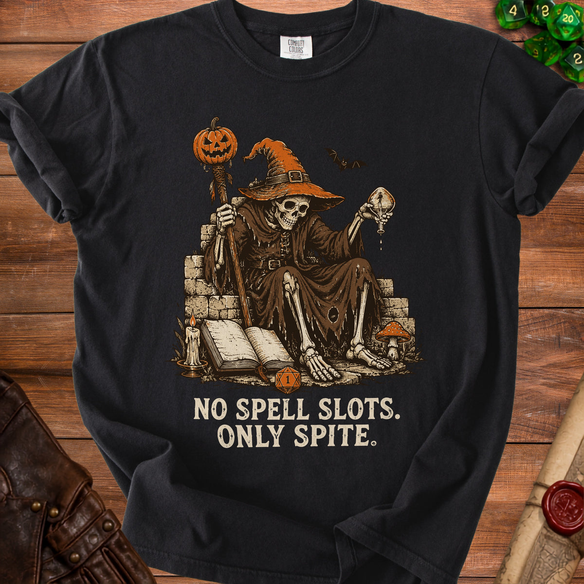 Skeleton wizard with pumpkin staff and "No Spell Slots. Only Spite." text.