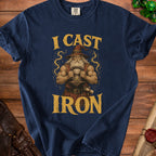 Navy t-shirt with wizard holding kettlebell and text "I CAST IRON"