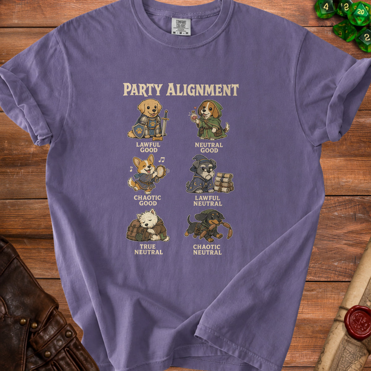 T-shirt with "Party Alignment" text and six dogs representing different alignments.