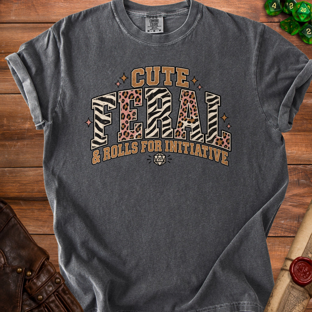 Grey t-shirt with "CUTE FERAL & ROLLS FOR INITIATIVE" text and D20 dice graphic.
