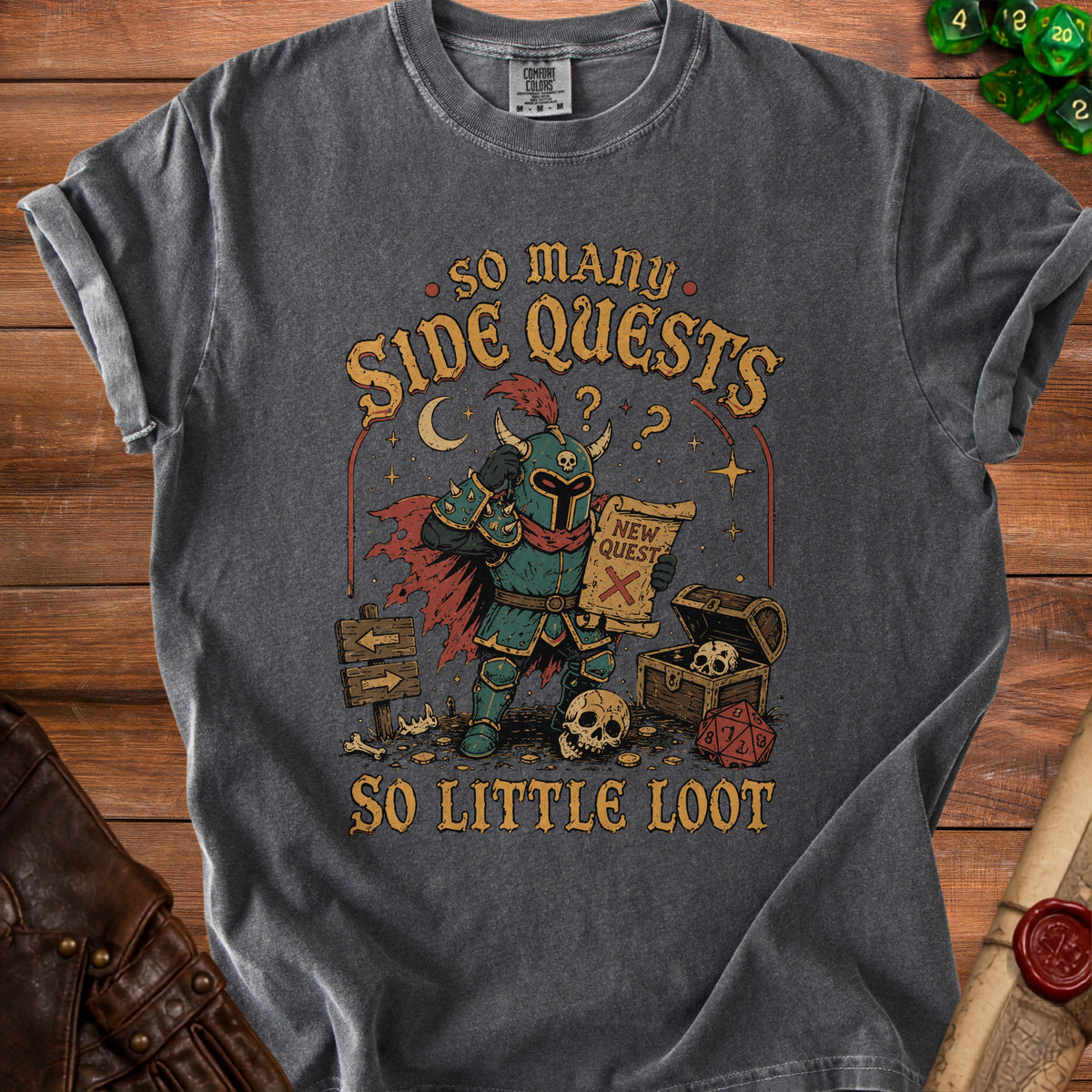 T-shirt with knight and text "So Many Side Quests So Little Loot."