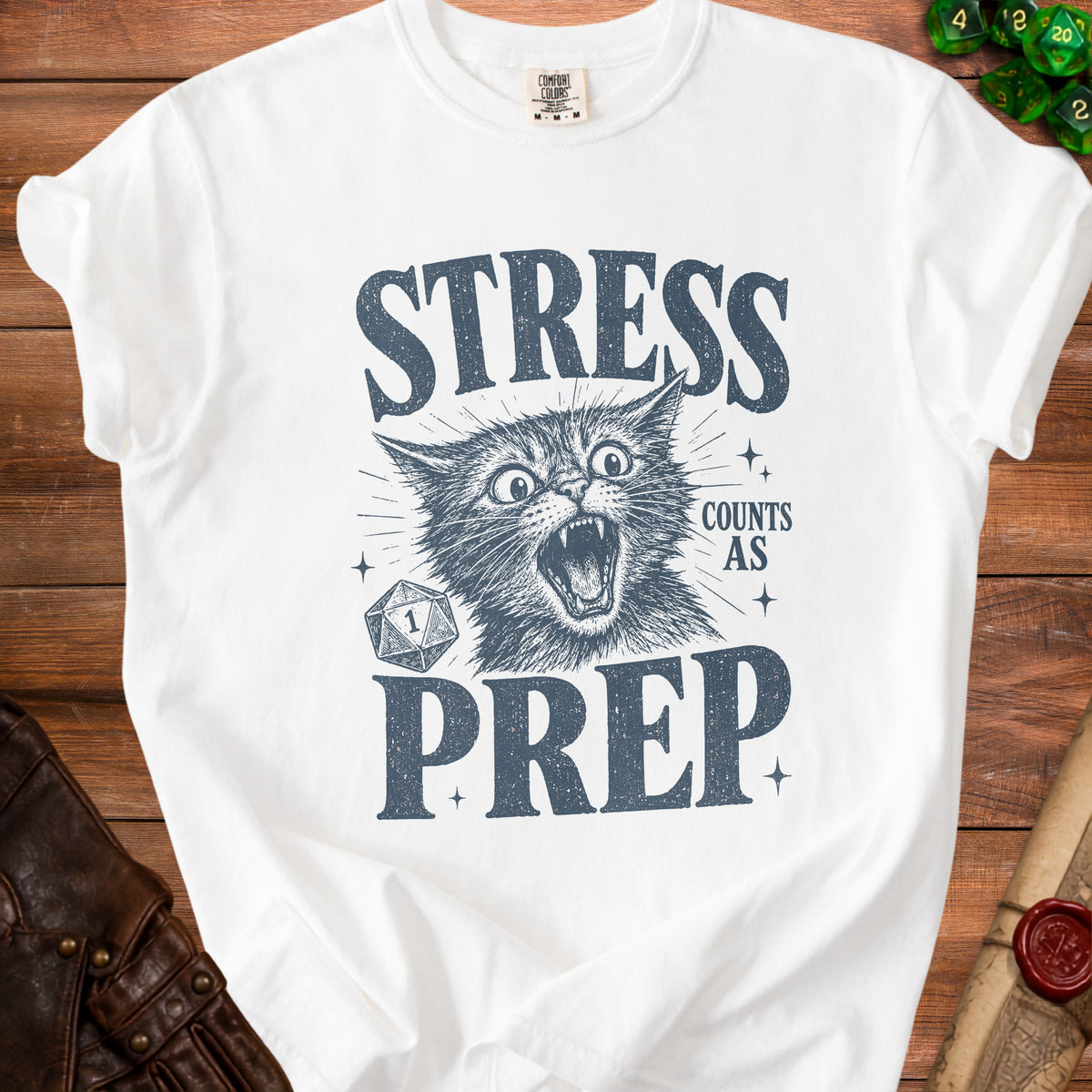 White t-shirt with distressed graphic of a screaming cat and text: "STRESS COUNTS AS PREP."
