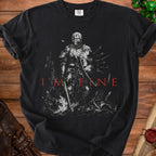 Black t-shirt with knight in armor and "I'M FINE" text.