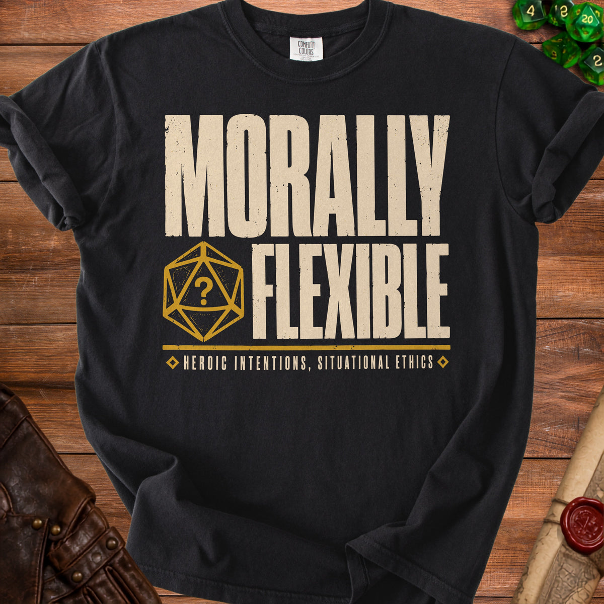 Black t-shirt with "Morally Flexible" text and a D20 dice graphic.
